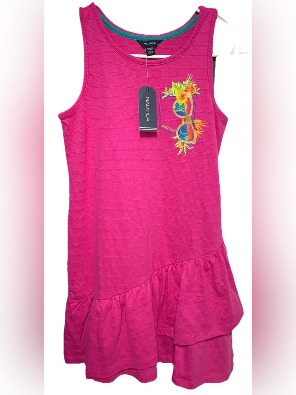NAUTICA Girls Sz 8-10 Tank Dress Pink Ruffles Sunglasses Gold Hawaiian NWT